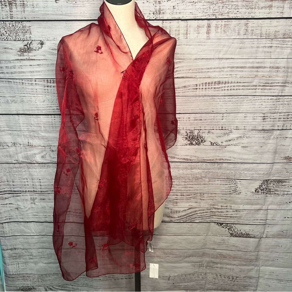 Red Sheer Scarf Whimsigoth Romancecore Sequins Flowers Embroidered